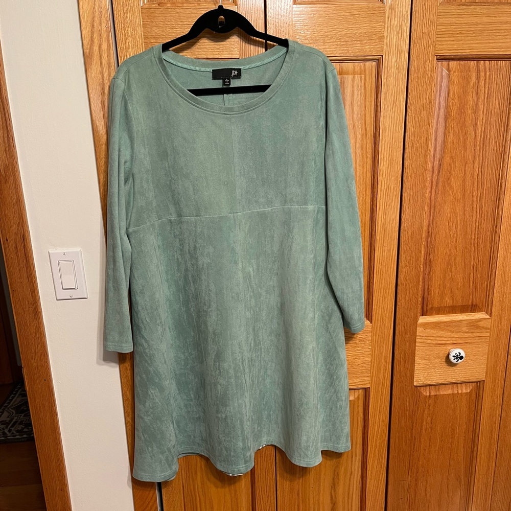 Soft green faux suede dress from JOH. SZ L. Long sleeves Aline shape kne…